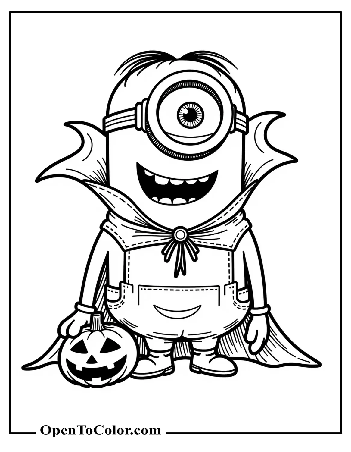 Minion Dressed as Vampire with Cape and Jack-O’-Lantern at Feet, Printable Coloring Sheet