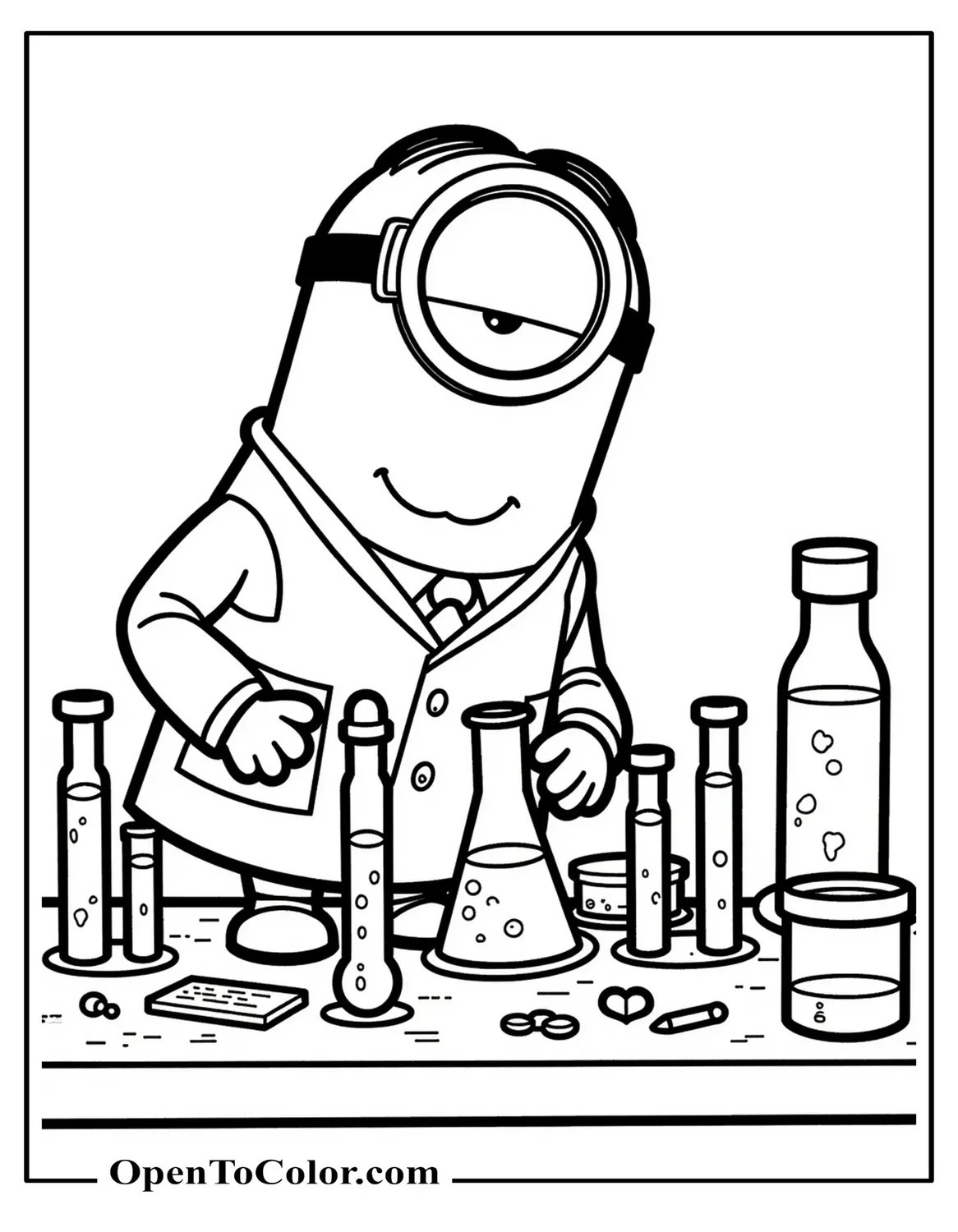 Minion in Lab Coat Mixing Test Tubes at Cluttered Workbench Coloring Sheet PDF