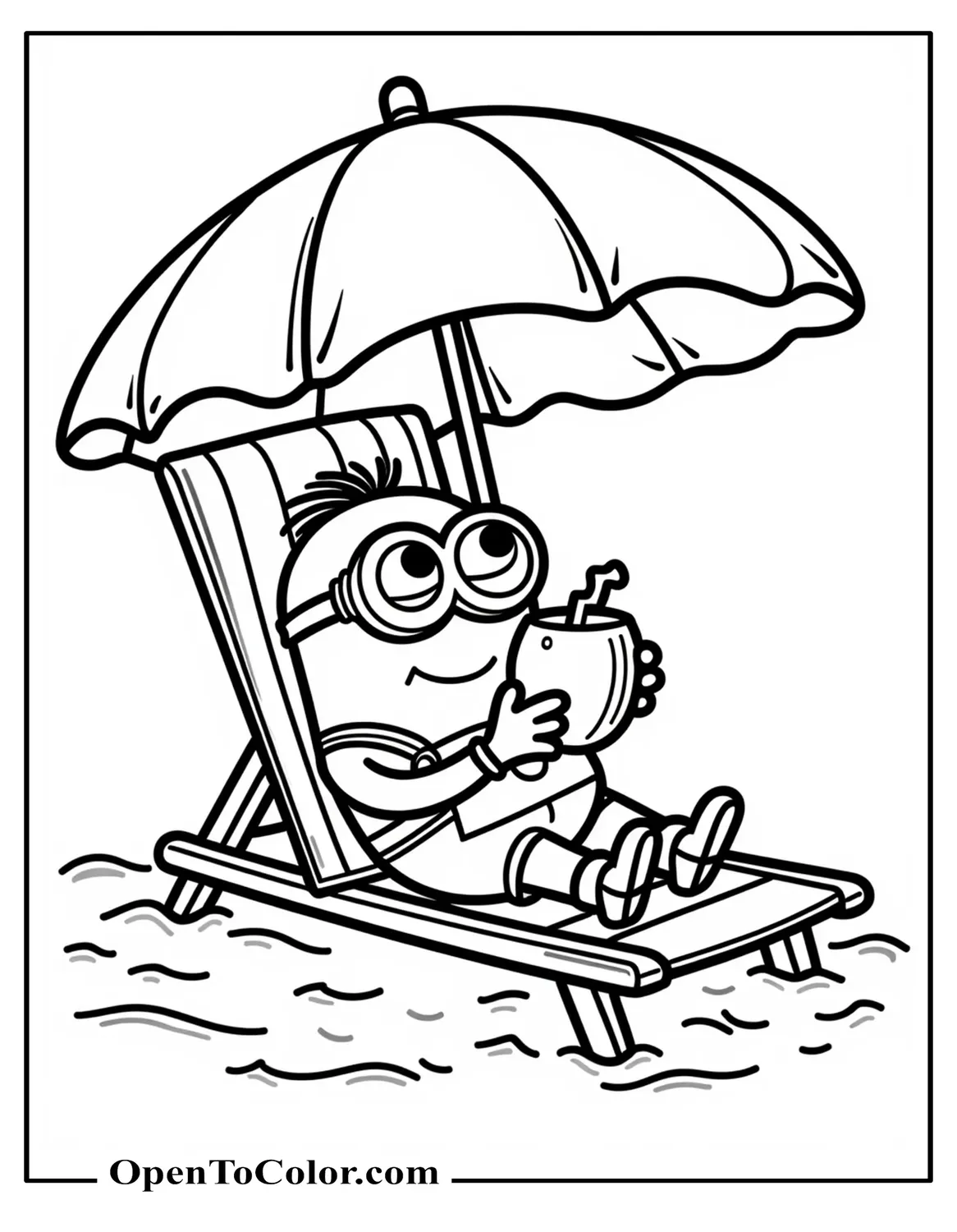 Minion Reclining on Beach Chair Under Umbrella Sipping Coconut Coloring Page PDF