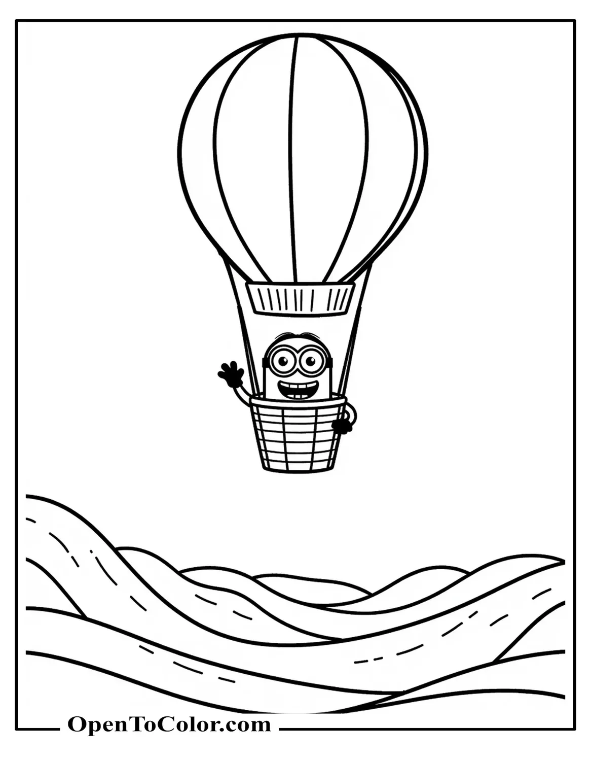 Printable coloring sheet of a Minion waving from a hot-air balloon basket drifting over hills.