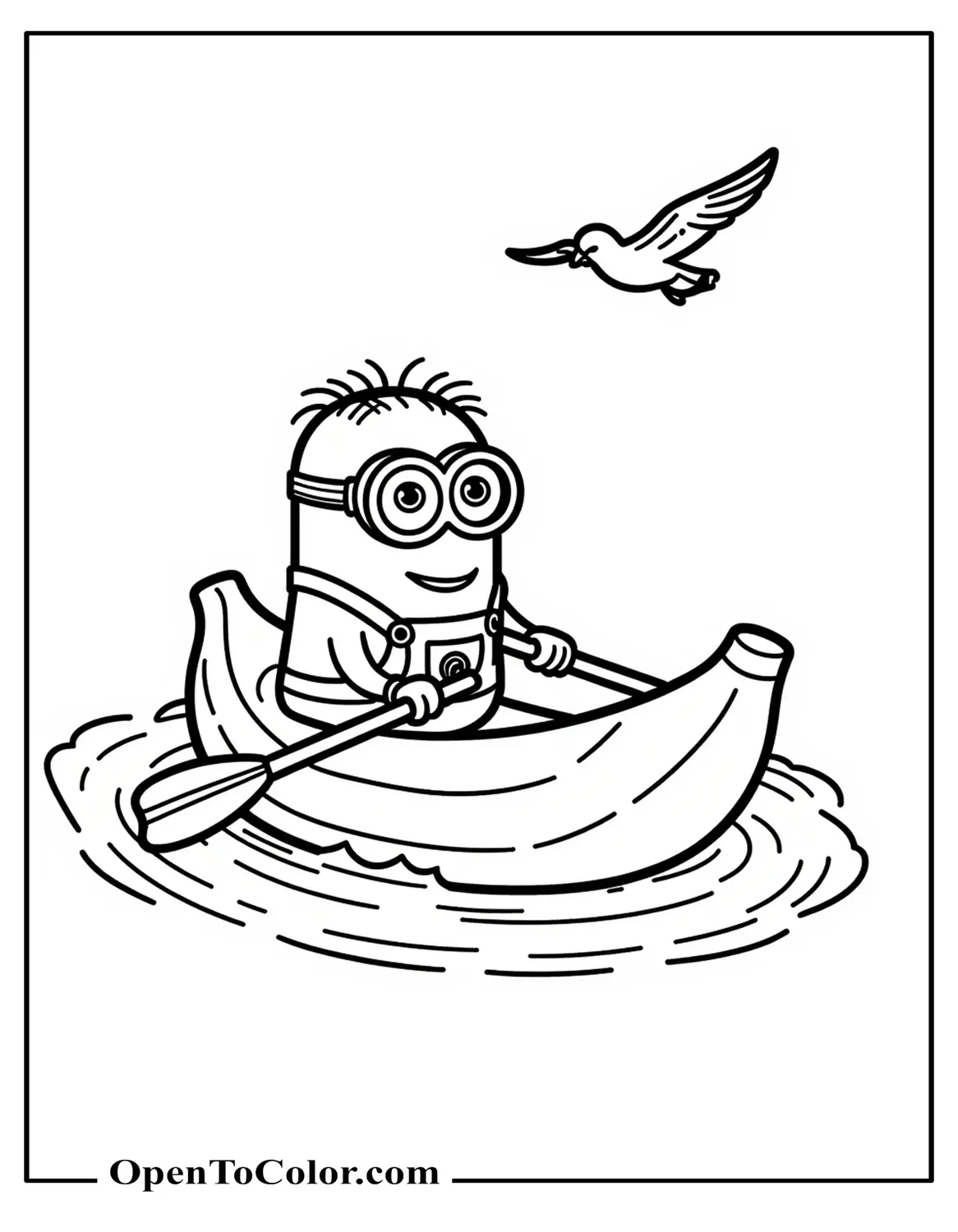 Free Coloring Page of Minion Rowing Banana-Shaped Boat on Gentle Waves, Seagull Overhead