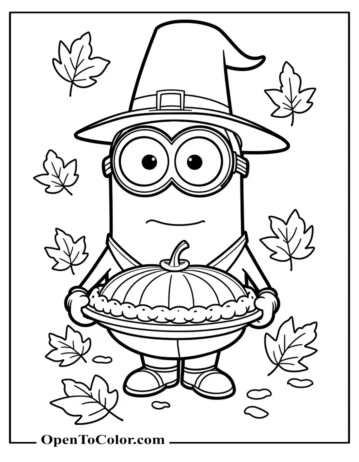 Printable coloring sheet of Minion in pilgrim hat carrying pumpkin pie through falling leaves