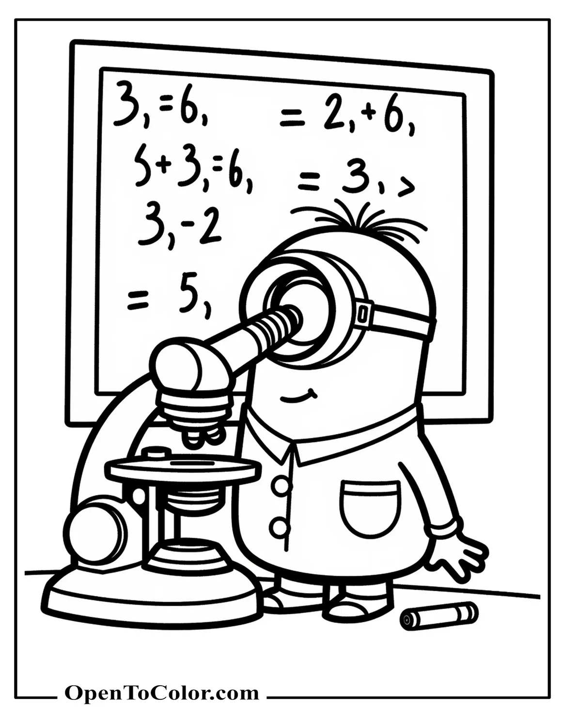 Scientist Minion Peering Through Microscope, Printable Coloring Sheet, Chalkboard Equations Behind
