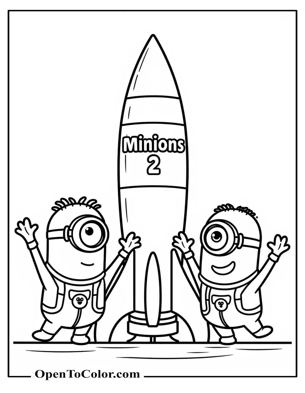 Free coloring page of two funky Minions in flight suits cheering beside rocket labeled “Minions 2”.