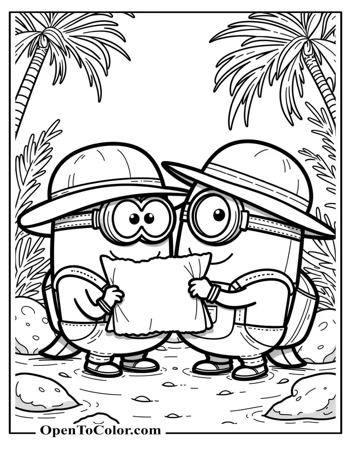 Free Coloring Sheet: Two Explorer Minions Studying Treasure Map on Jungle Island