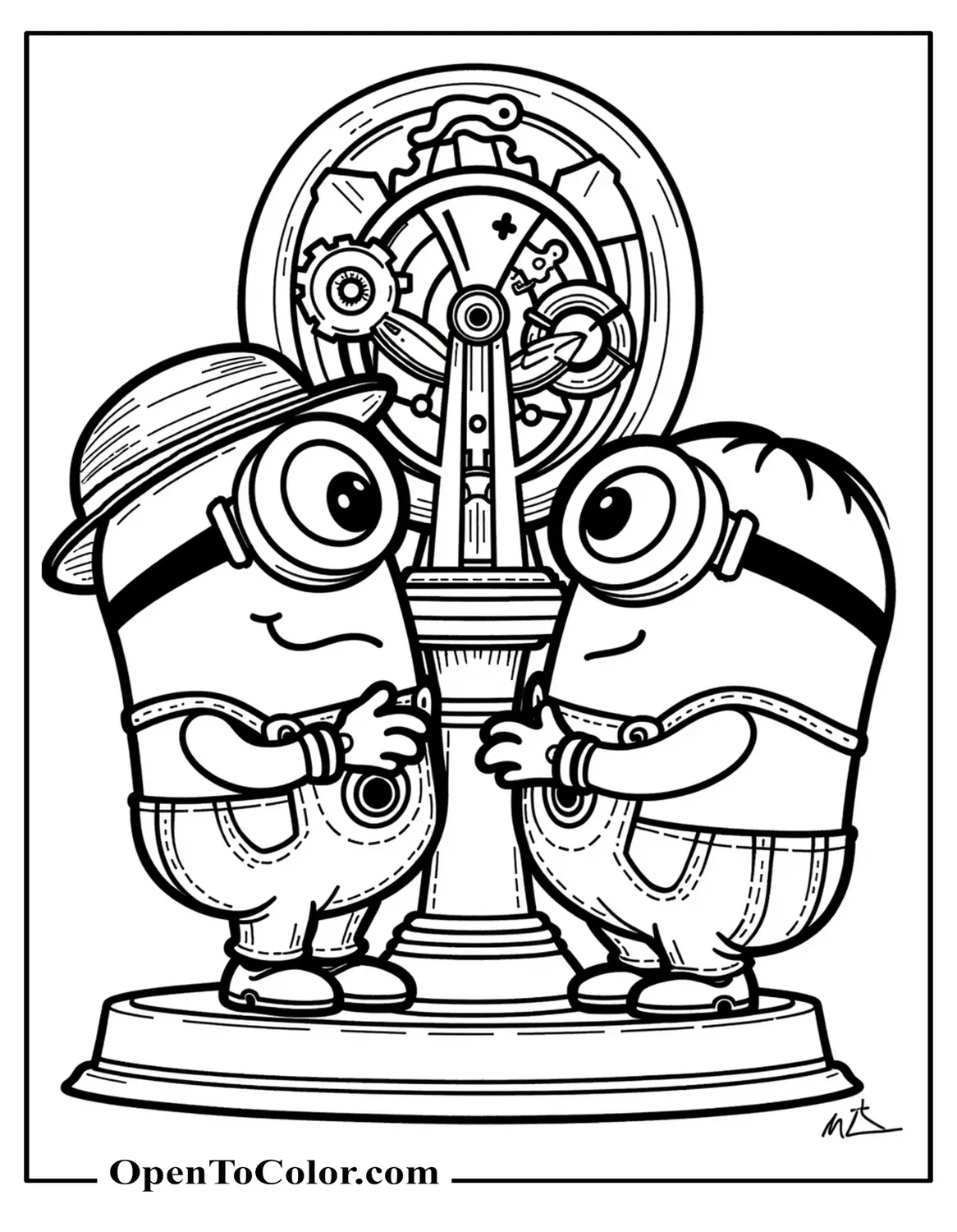 Two Steampunk Minions Adjusting Brass Gears On Victorian Time Machine Coloring Page Printable