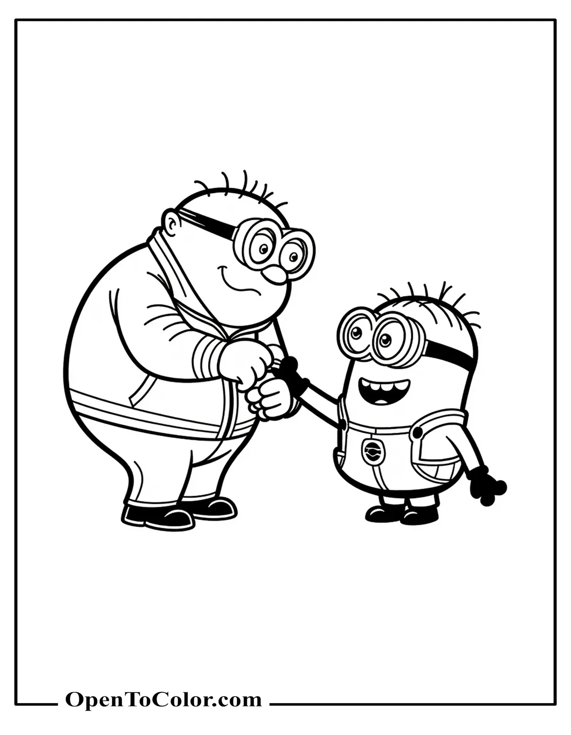 Free coloring page of Young Gru fist-bumping one excited minion in retro tracksuit.