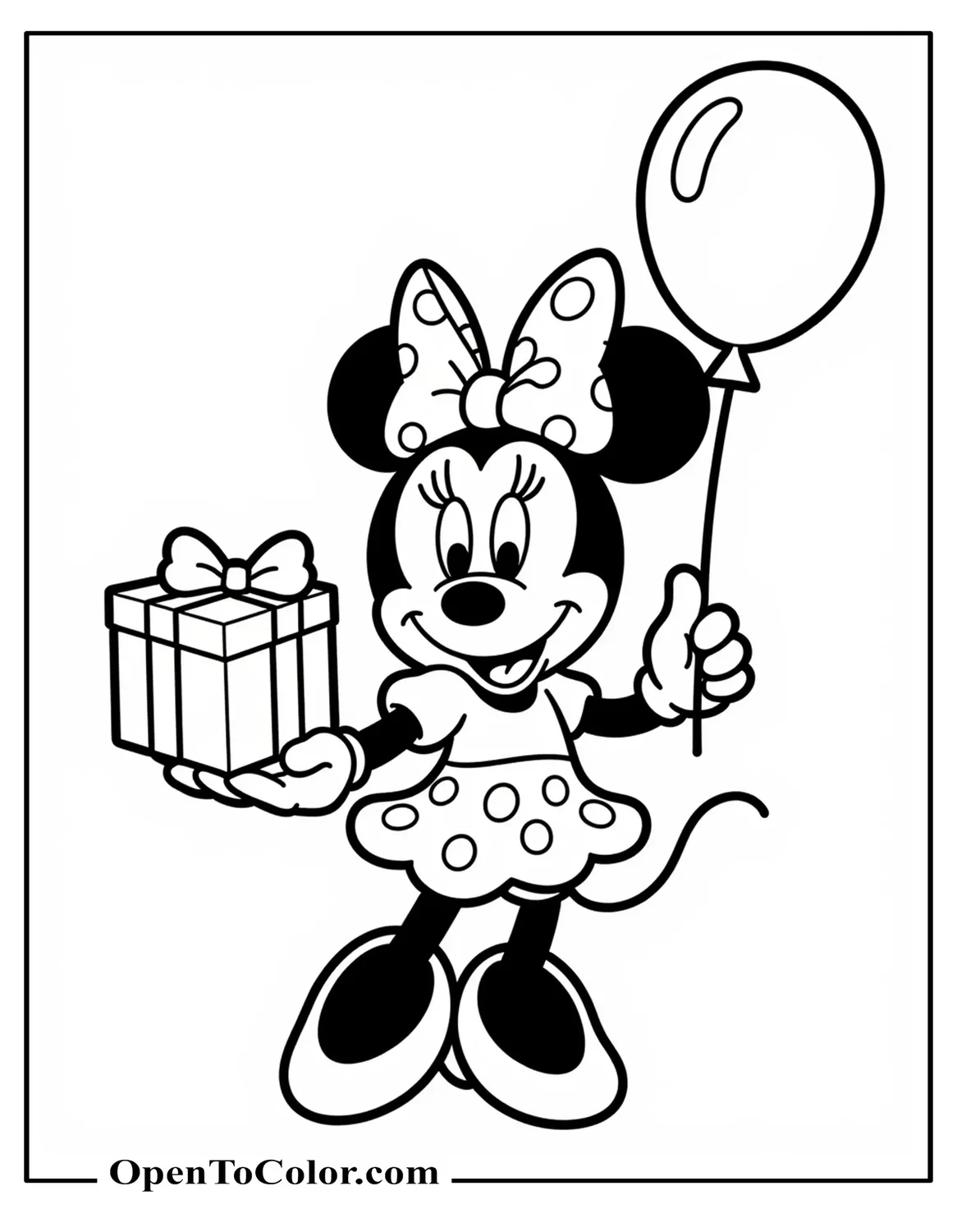 Minnie Mouse With Polka-Dot Dress Holding A Birthday Gift And A Party Balloon, Smiling, Coloring Page, Printable