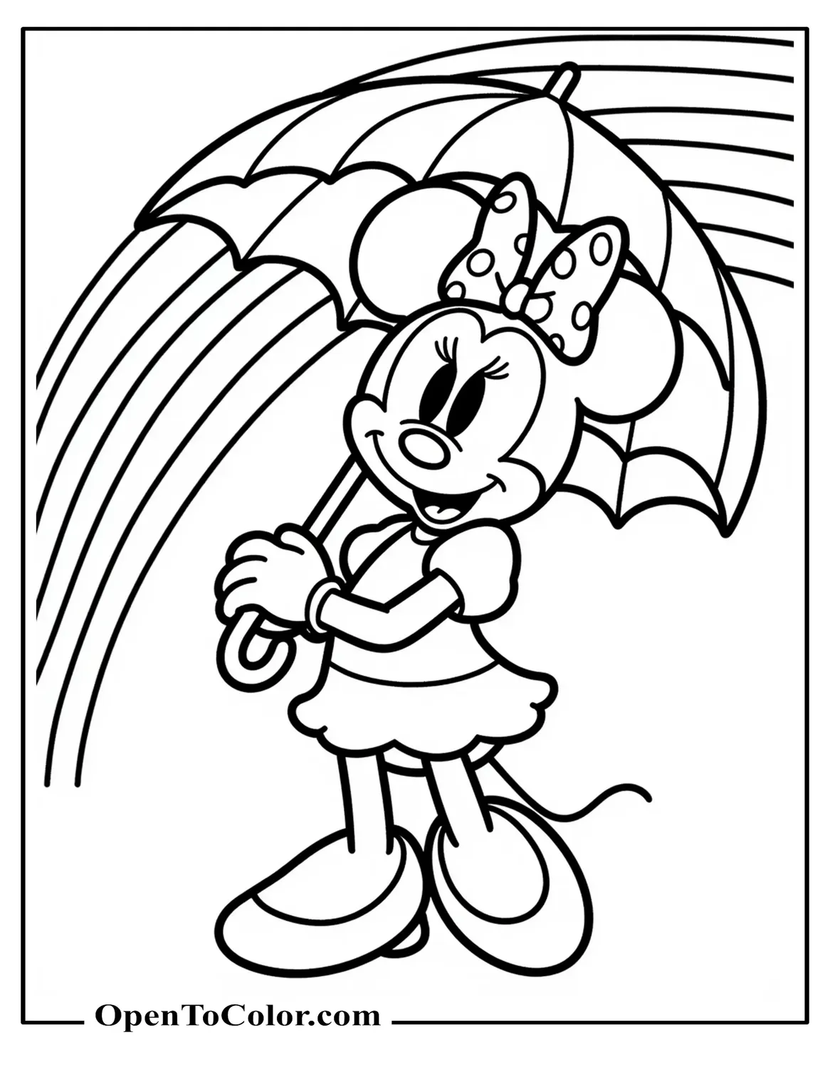 Free Coloring Sheet of Minnie Mouse Holding Umbrella Under Rainbow, Polka-Dot Bow on Head