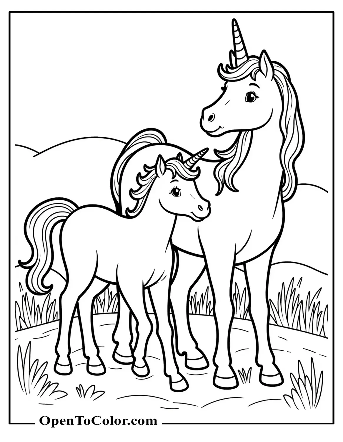 Free Coloring Sheet of Baby Unicorn Following Mommy Unicorn
