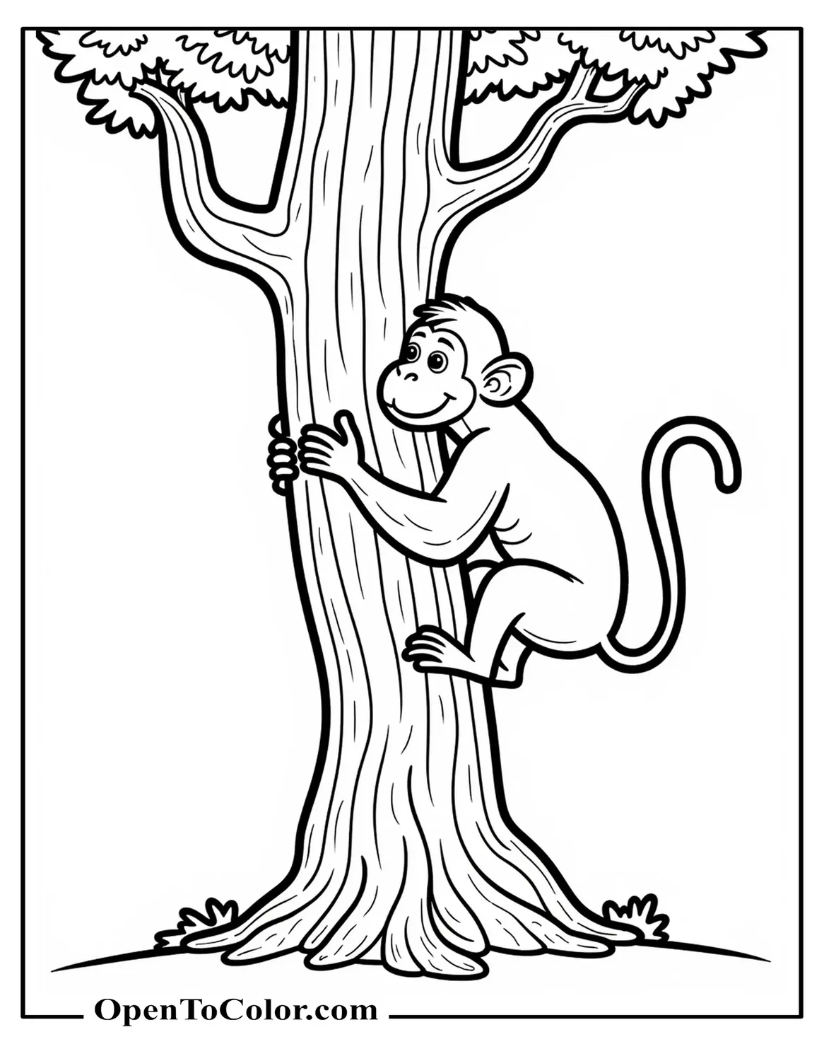 Printable Coloring Sheet of Monkey Climbing Tall Tree Trunk with Twisting Vines