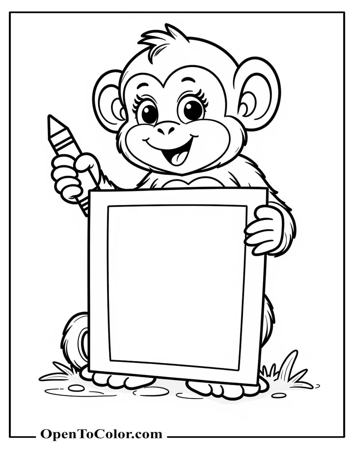 Monkey Holding Crayon And Blank Coloring Sheet PDF