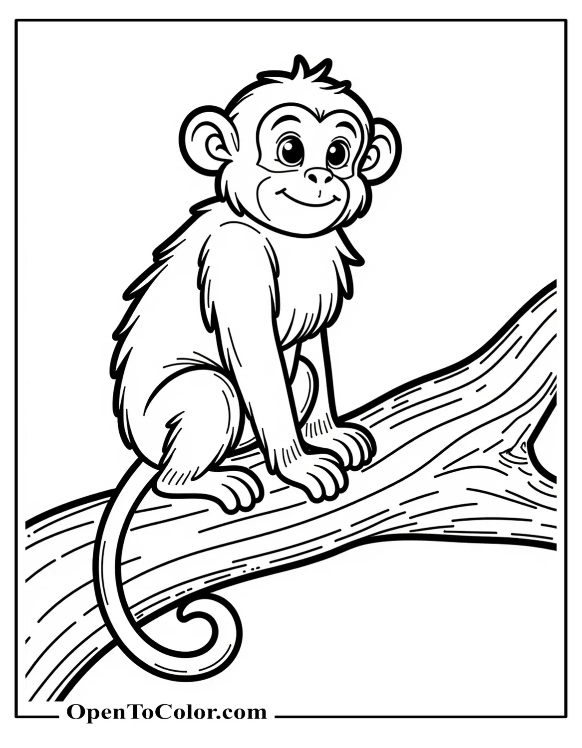 Detailed Coloring Page PDF of Monkey Sitting on Jungle Log with Curled Tail