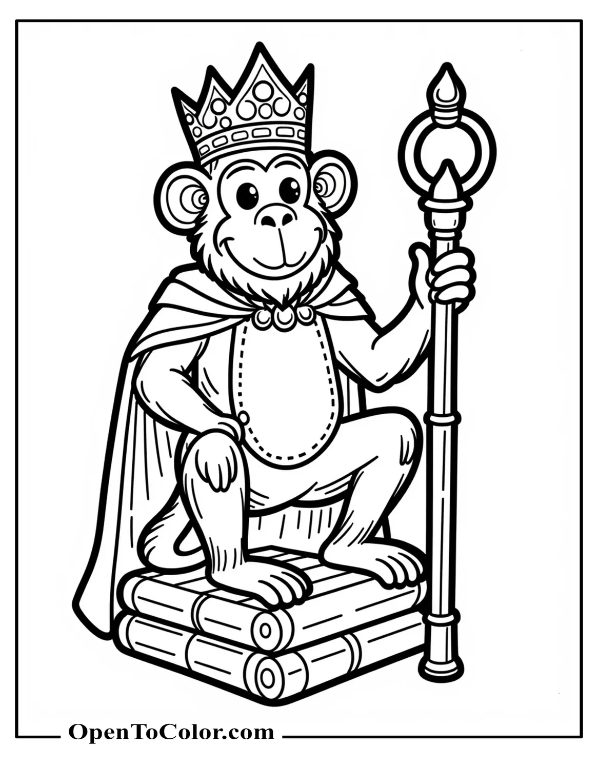 Free Coloring Sheet of Regal Monkey King Wearing Crown Holding Scepter on Bamboo Throne