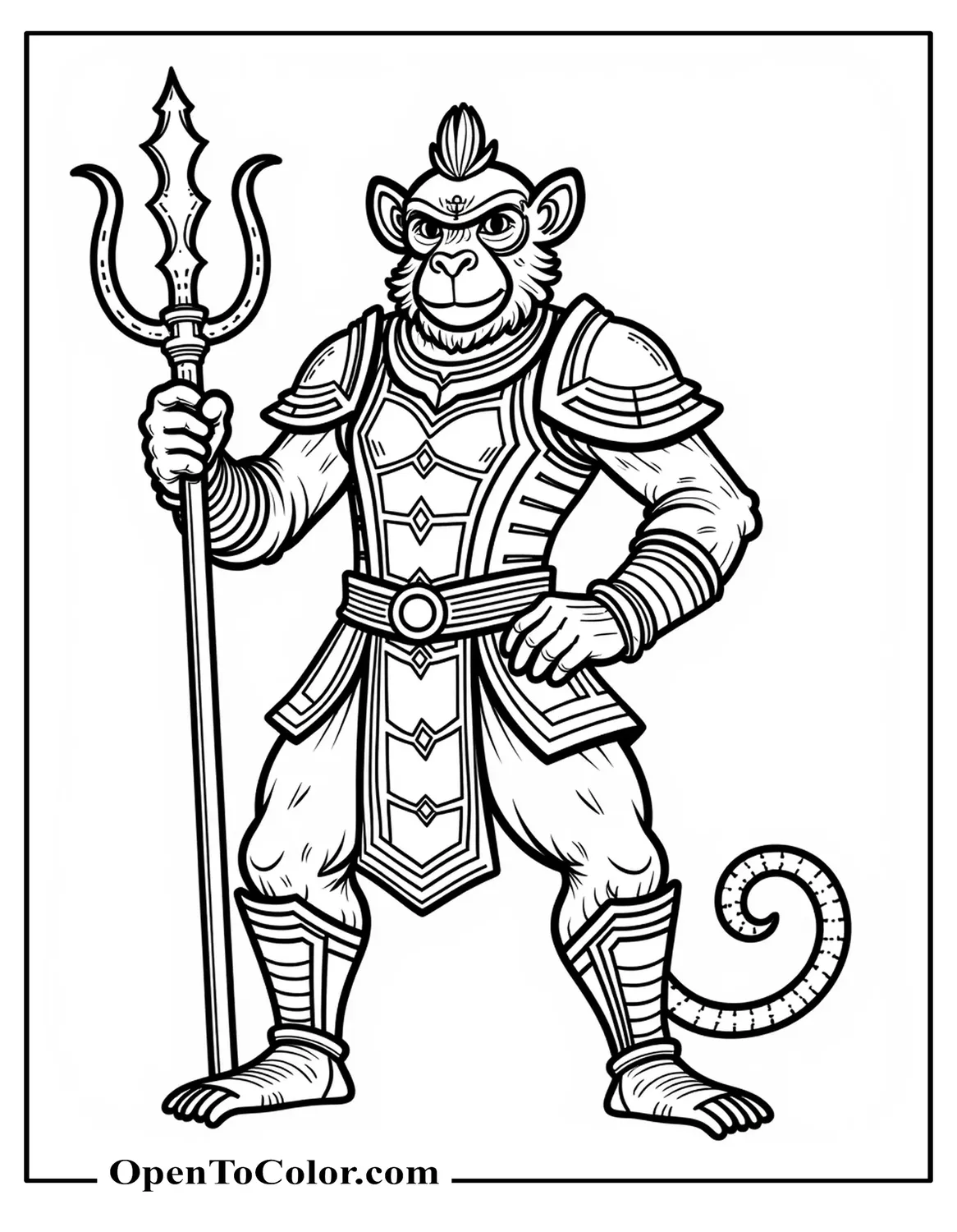 Detailed Monkey King in Ornate Armor Swinging Golden Staff Coloring Sheet PDF
