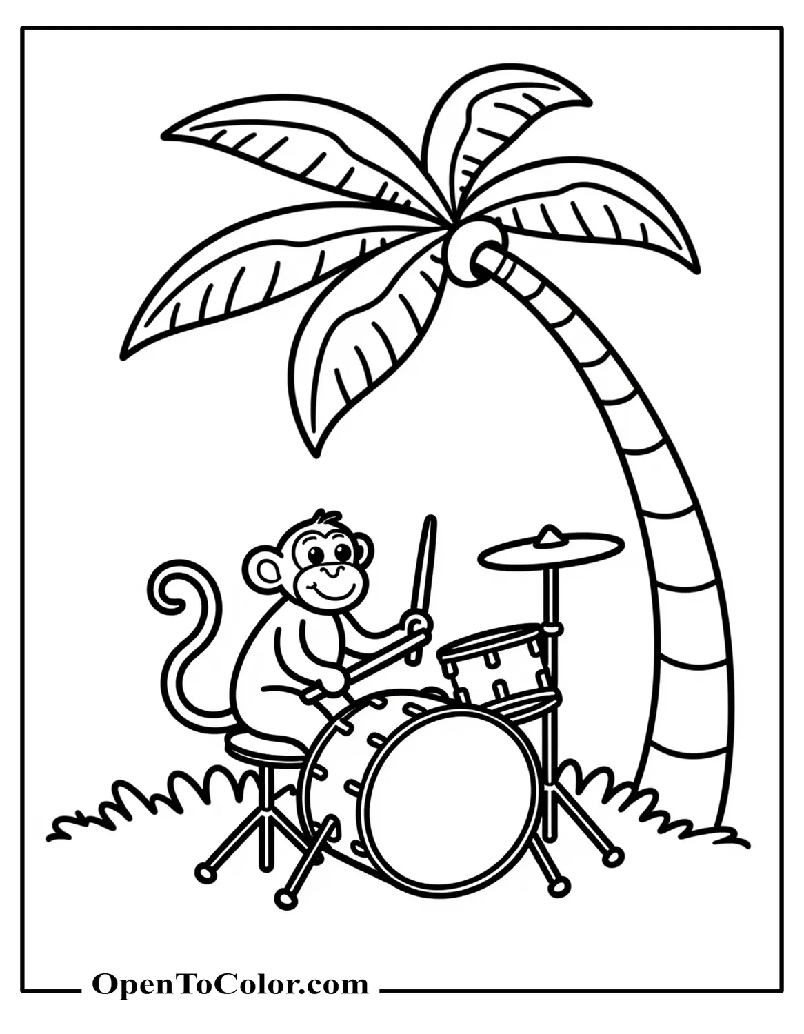 Monkey playing drum set under palm tree coloring sheet PDF