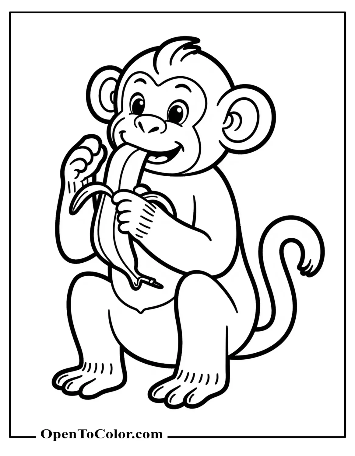 Printable Coloring Page of Monkey Sitting Eating Large Peeled Banana