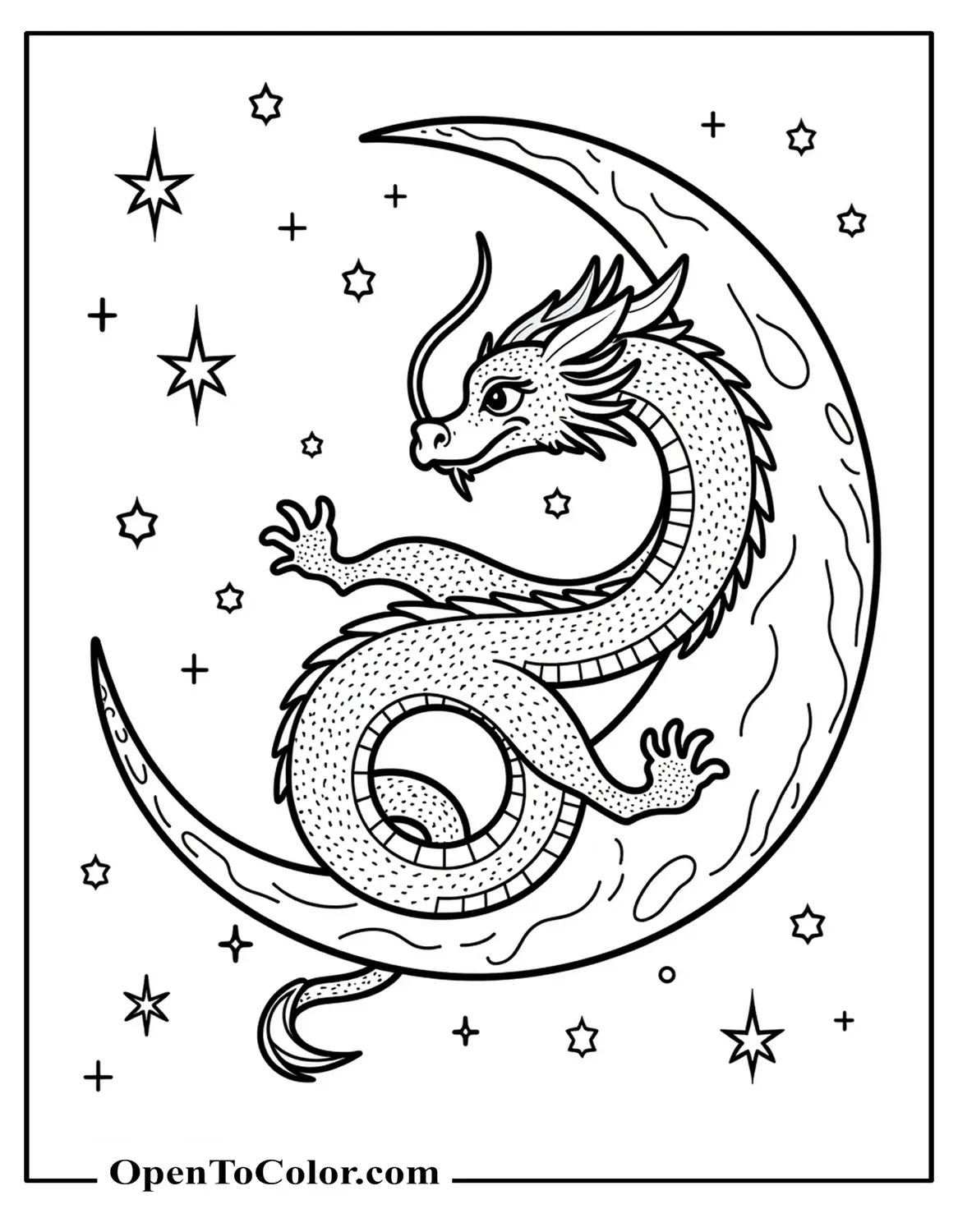 Free coloring page of a lunar dragon looping around a crescent moon surrounded by stars.