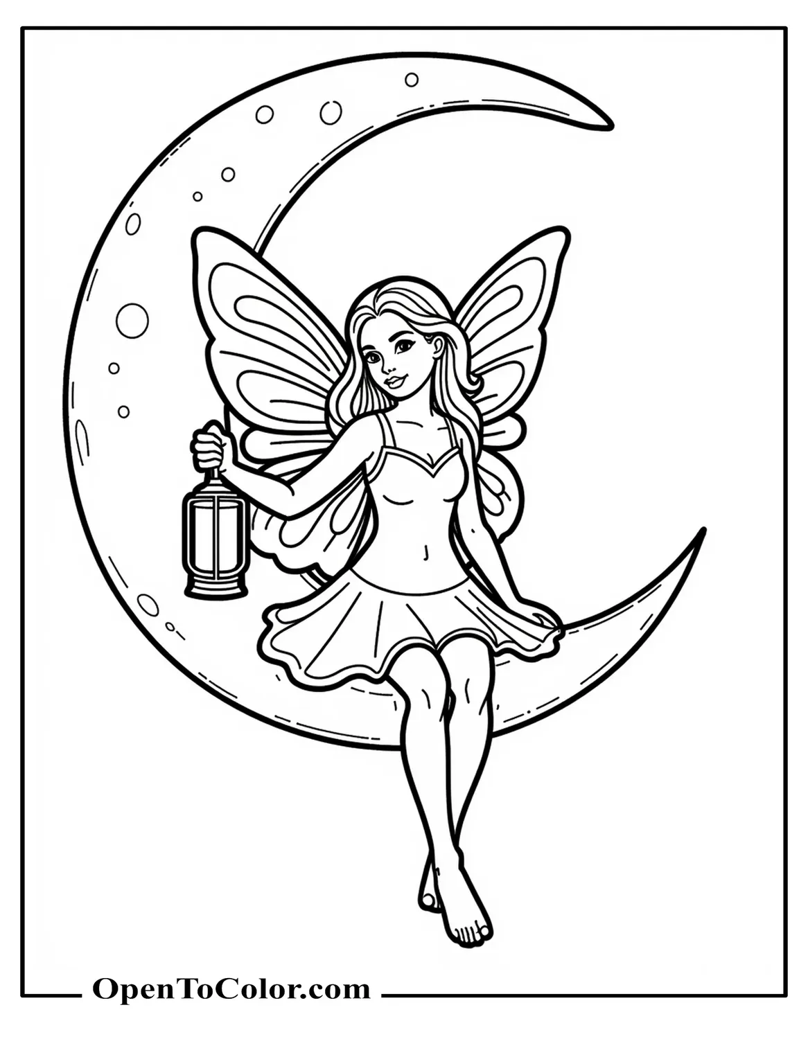Free Coloring Page of a Moon Fairy Sitting on a Crescent Moon Holding a Lantern