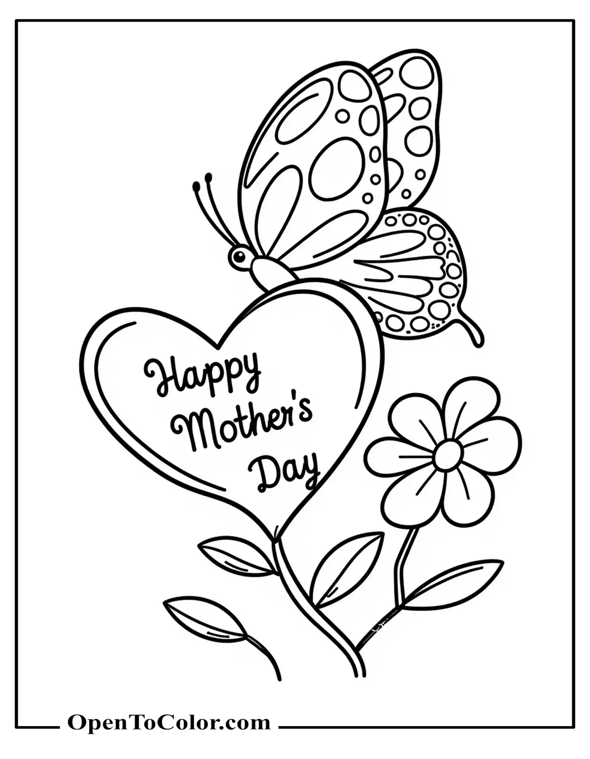Coloring page PDF of butterfly offering a heart that says Happy Mother’s Day.