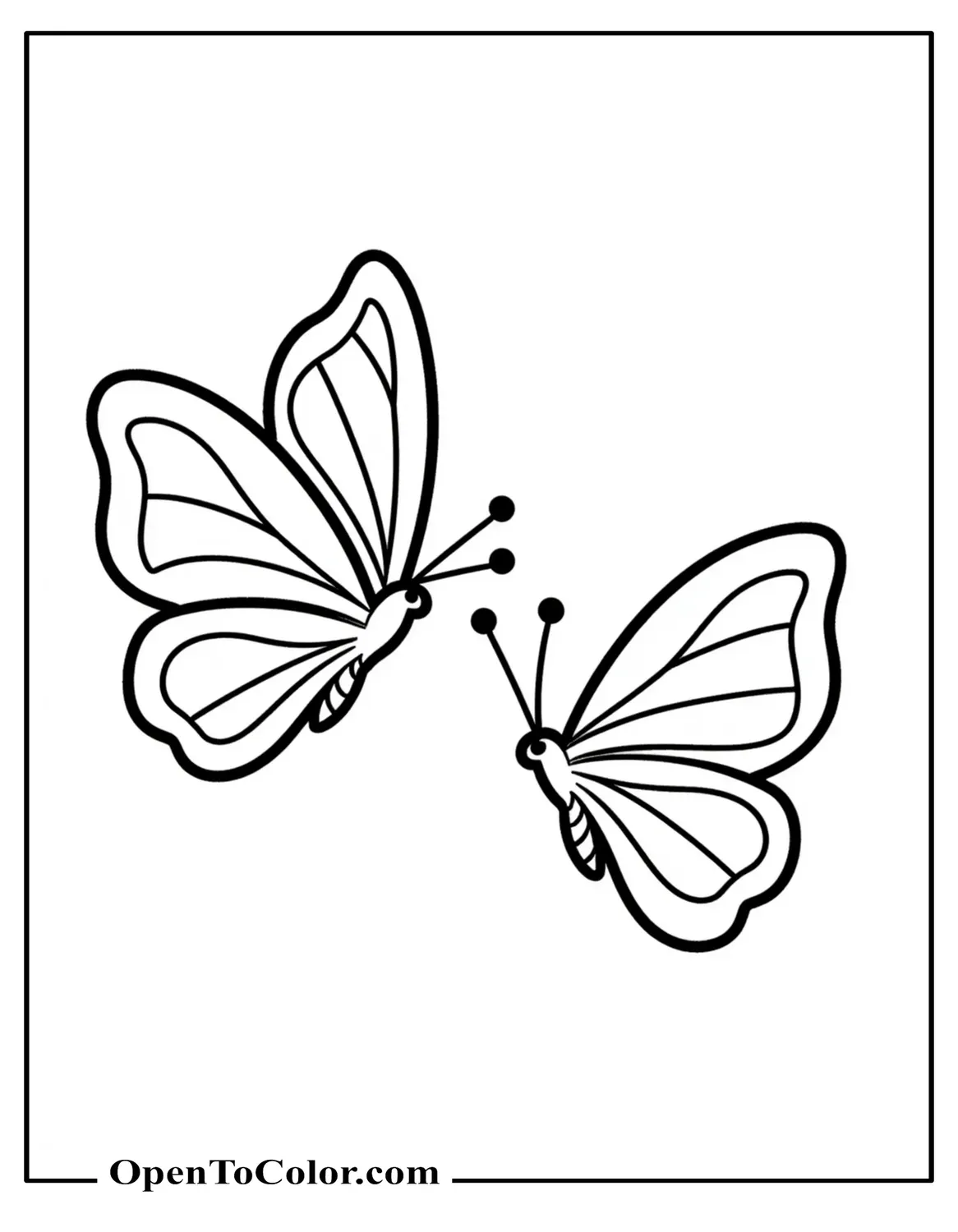 Printable coloring sheet of two butterflies angled in opposite directions, wings overlapping slightly.