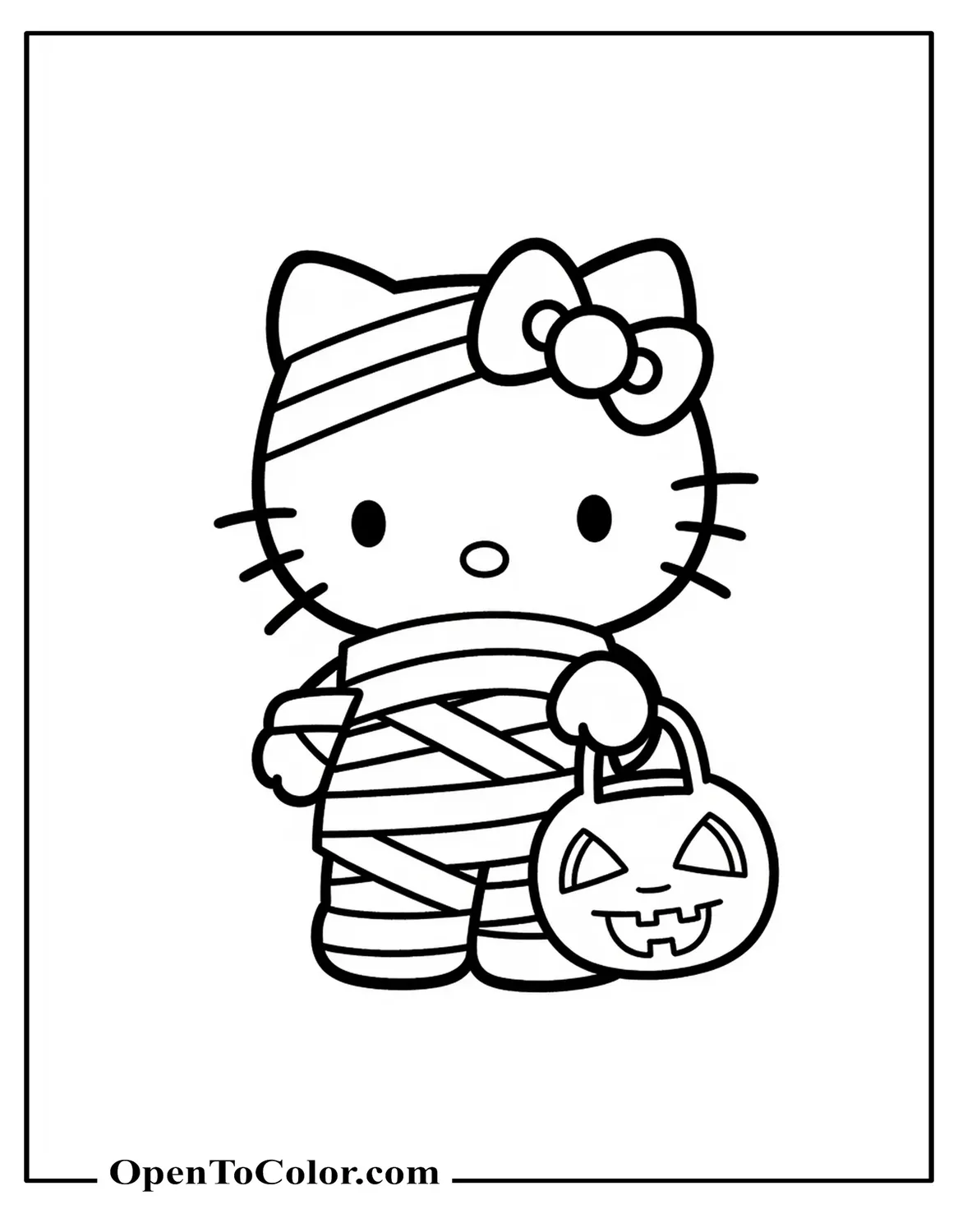 Hello Kitty Wrapped In Playful Mummy Bandages, Holding Pumpkin Bucket, Spooky Cute Coloring Sheet PDF