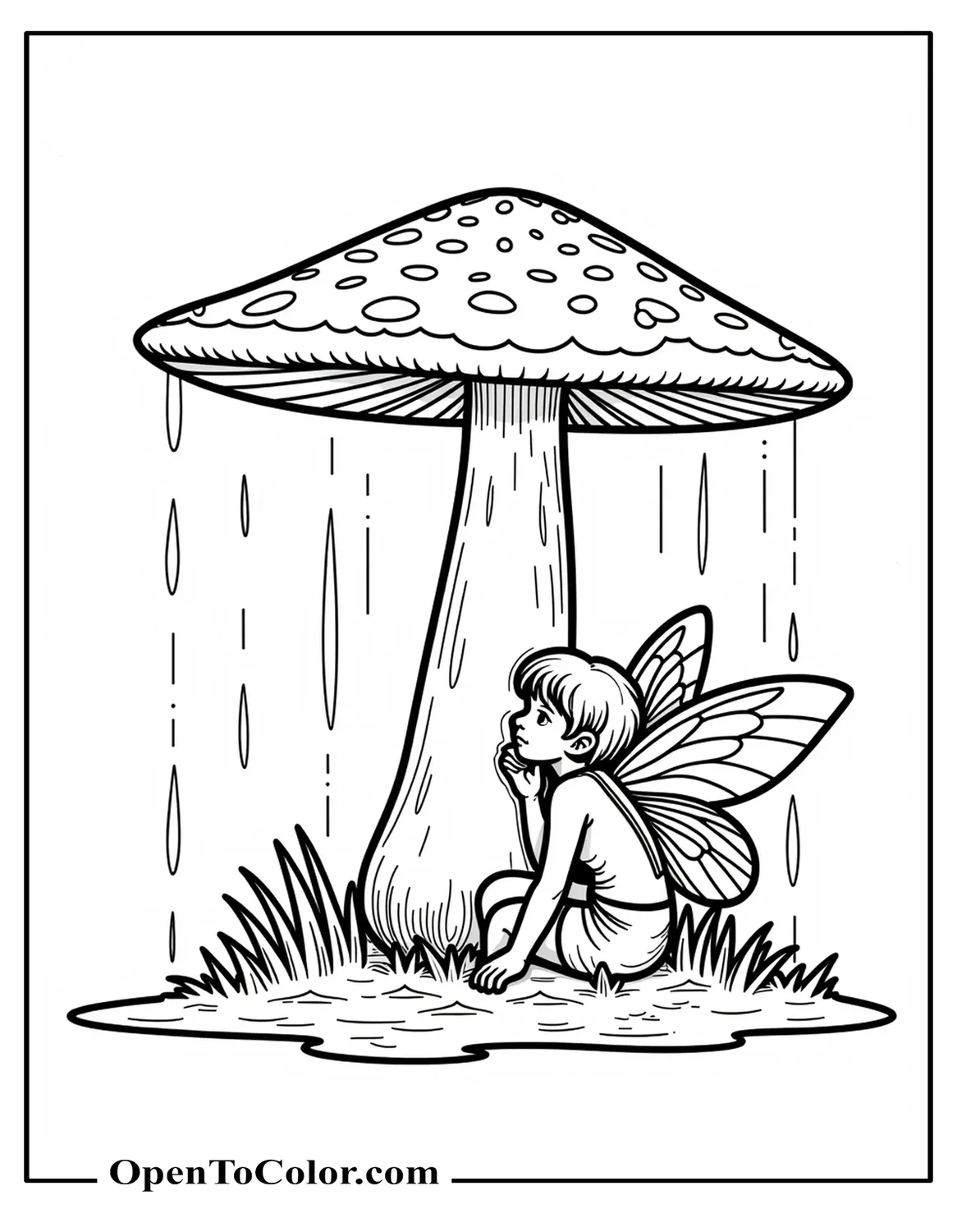 Free Coloring Page of a Fairy Sheltering Under a Giant Spotted Mushroom During Rain