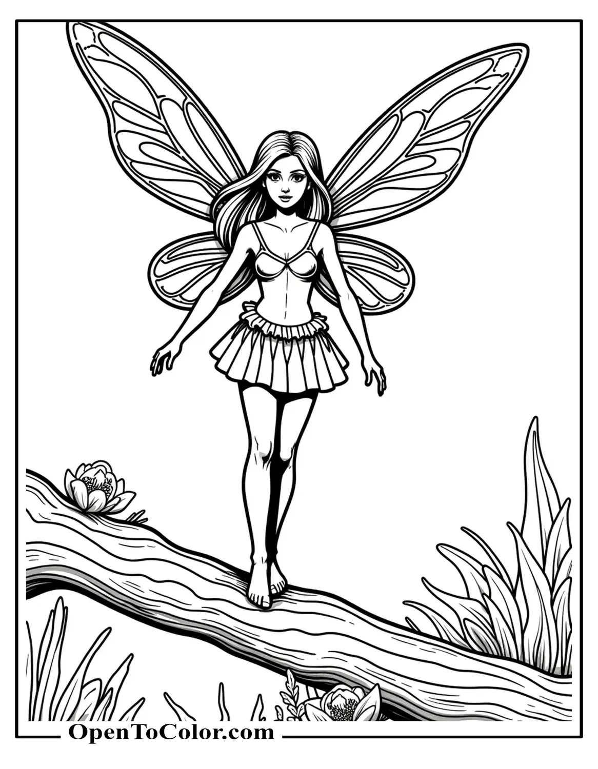 Mythical Detailed Realistic Fairy Hovering Over A Log In A Forest Glade Coloring Page PDF