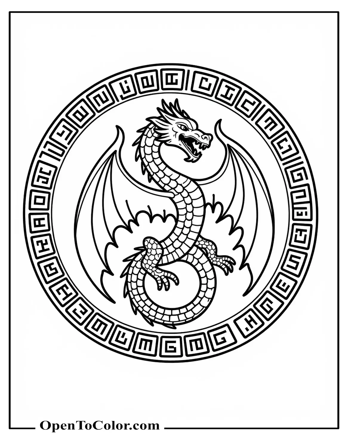 Free Coloring Sheet: Dragon Circling Ancient Rune Stone