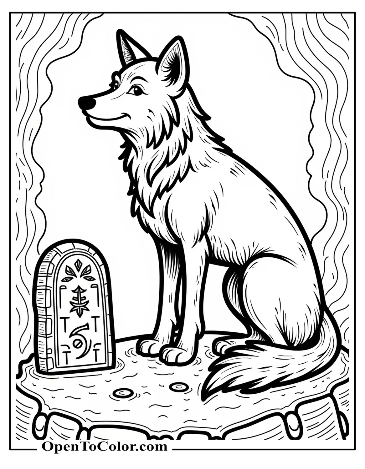 Mythical Wolf Guarding Ancient Rune Stone, Swirling Mist Background, Coloring Page PDF