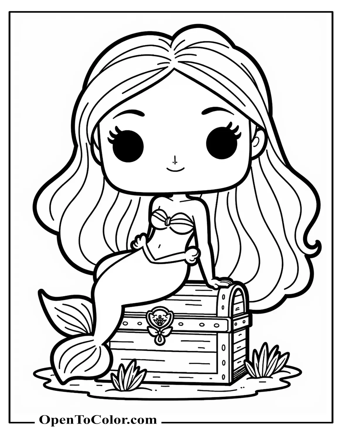 Funko Pop-Style Ariel Perched Atop A Treasure Chest, Oversized Head And Playful Pose Coloring Sheet PDF