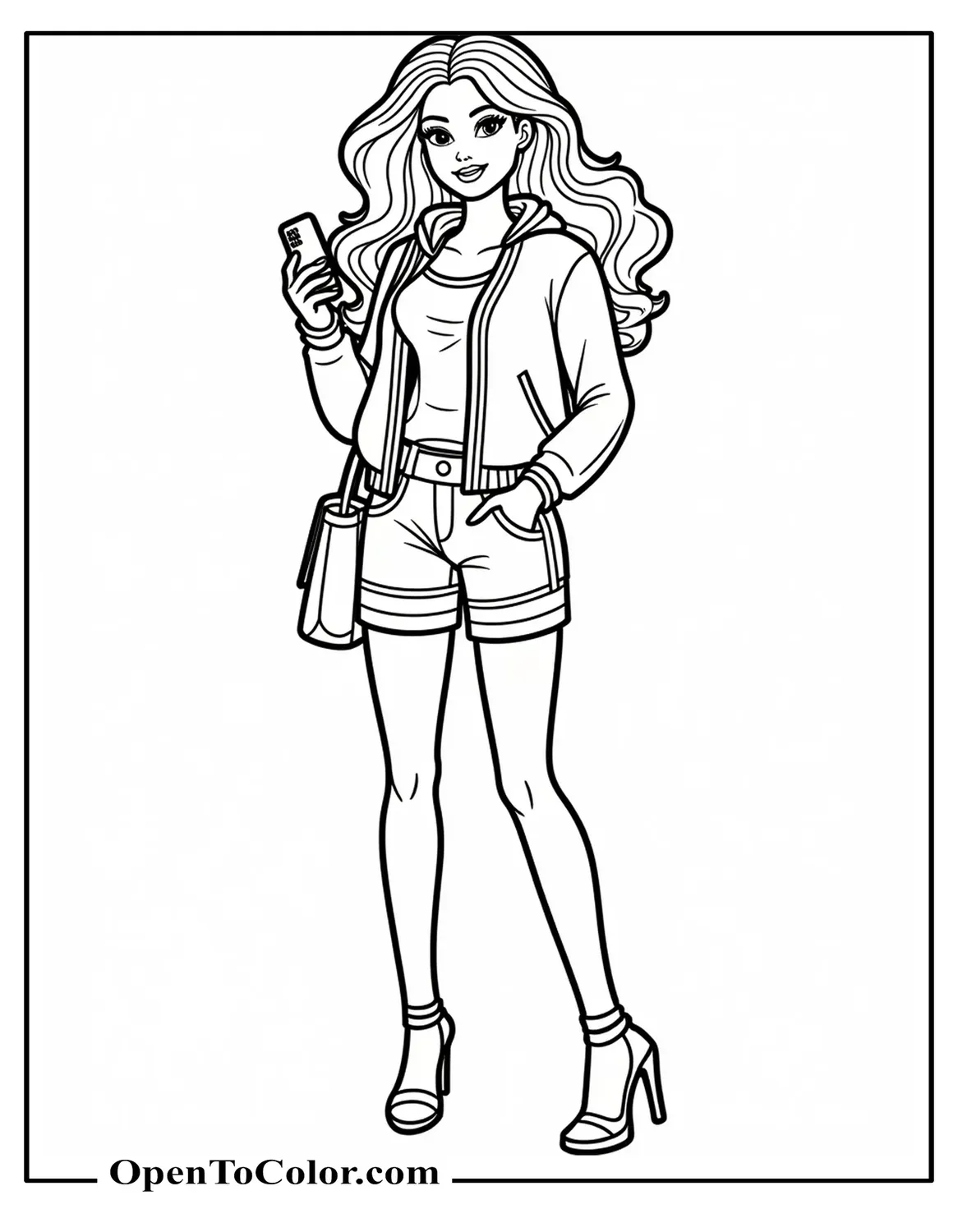 Barbie in a trendy modern outfit with phone in her hand coloring page PDF
