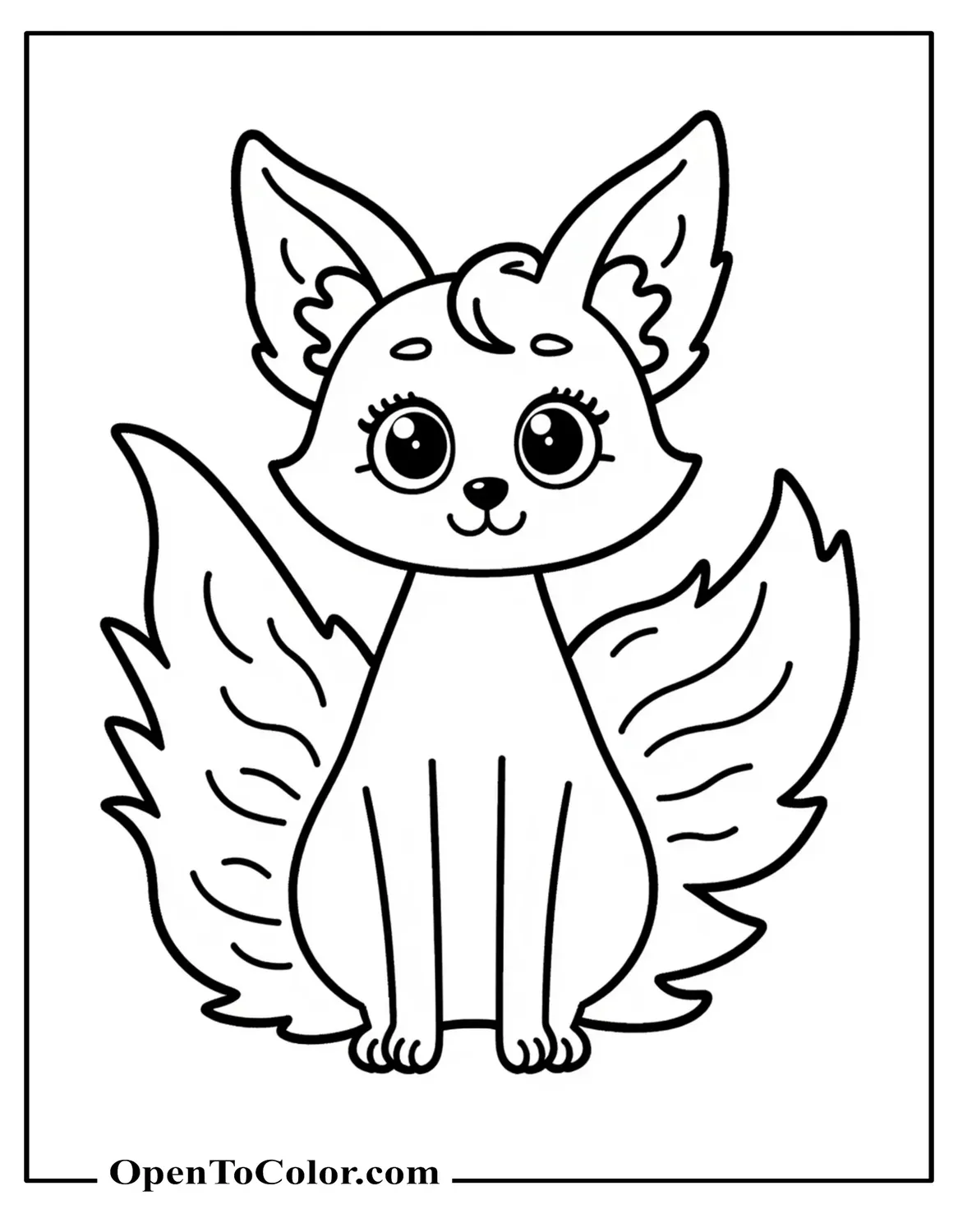 Free Coloring Sheet of Mystical Nine-Tailed Fox Sitting Majestically