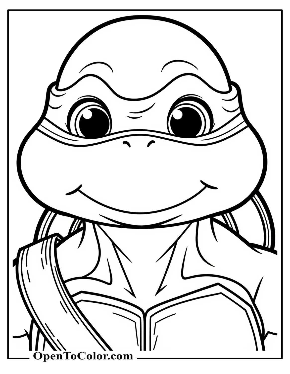 Free Coloring Page of Ninja Turtle Face Close-Up of Michelangelo, Oversized Eyes, Funkopop Proportions