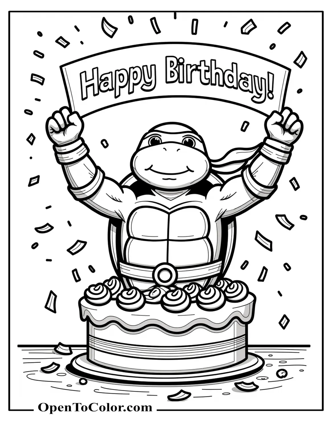 Printable coloring page of Ninja Turtle Michelangelo popping out of birthday cake throwing confetti, “Happy Birthday” banner.