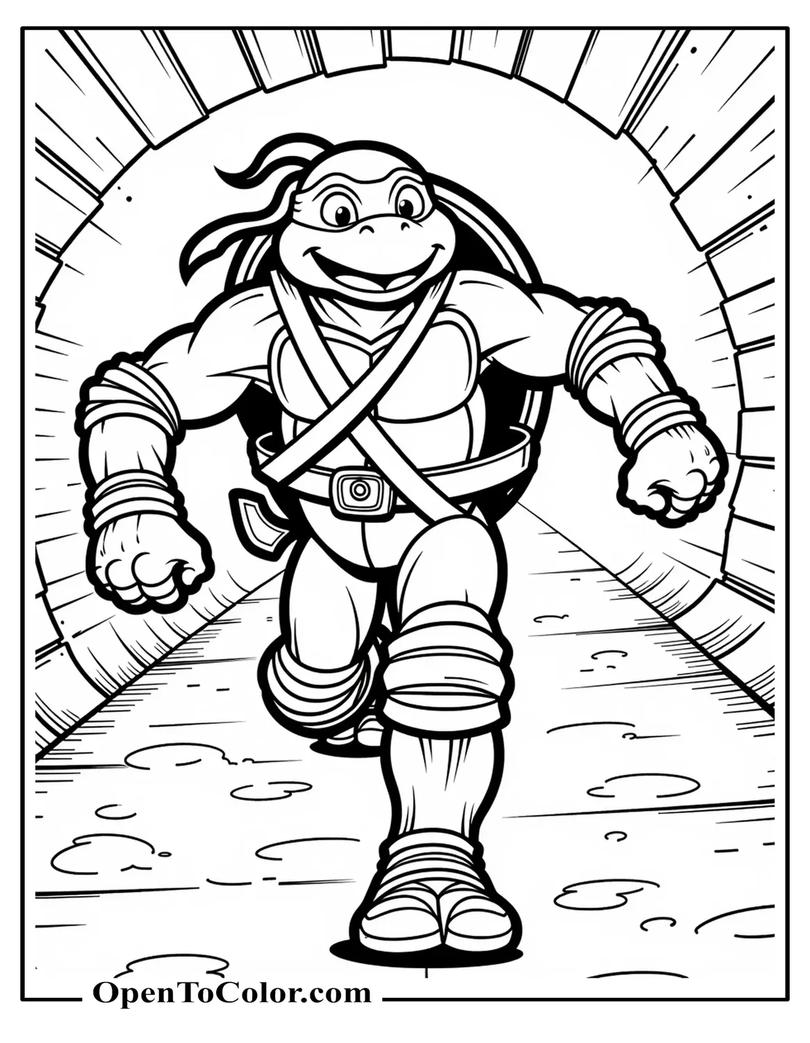 Printable coloring page of Ninja Turtle Leonardo sprinting along sewer tunnel, bandana tails flowing.