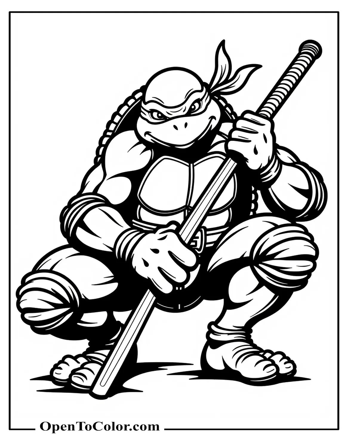 Free Ninja Turtle Raphael Coloring Sheet Crouching Low with Sai Crossed, Intense Glare, Gritty Lines