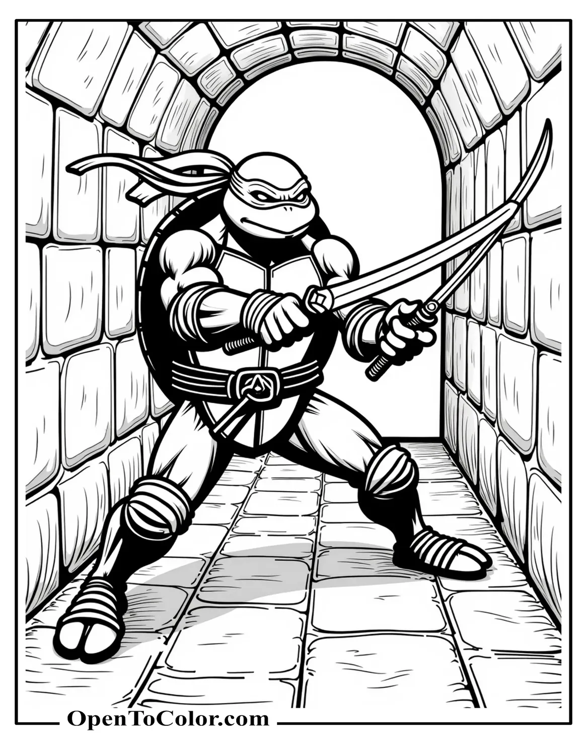 Printable Coloring Page of Adult Ninja Turtle Leonardo Wielding Dual Katanas in Dim Sewer Corridor, Realistic Proportion