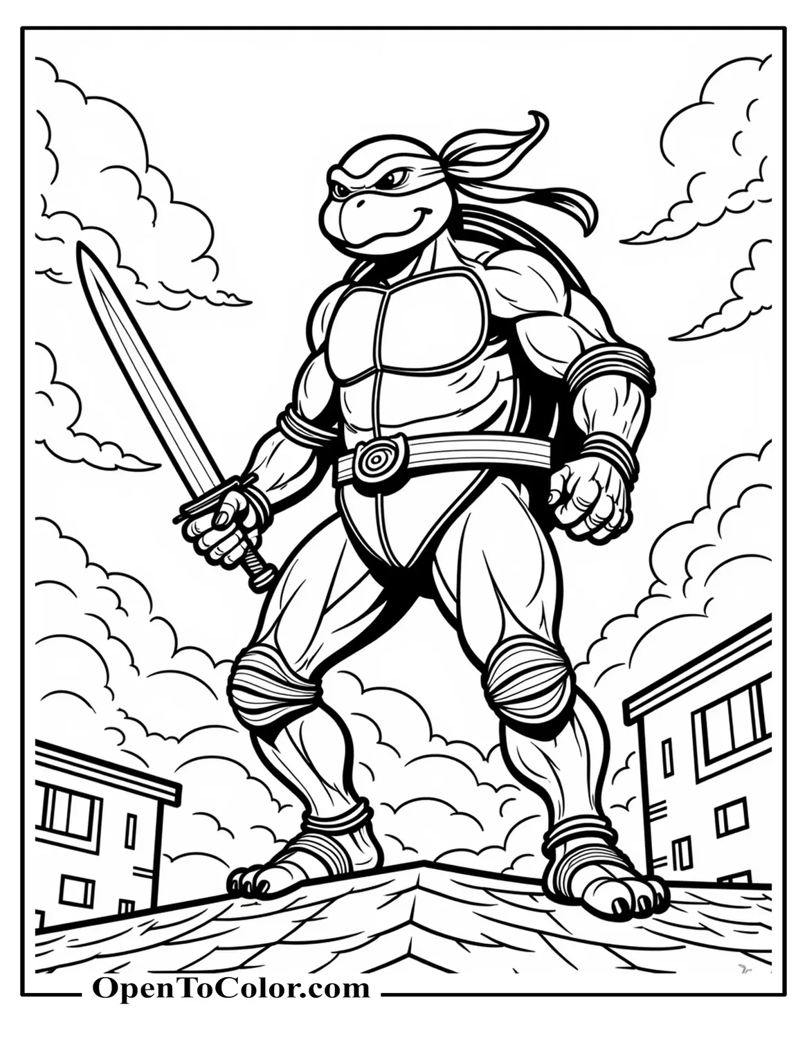 Angry Ninja Turtle Raphael Gripping Sword On Rooftop, Coloring Sheet PDF, Storm Clouds Swirling, Dramatic Lighting