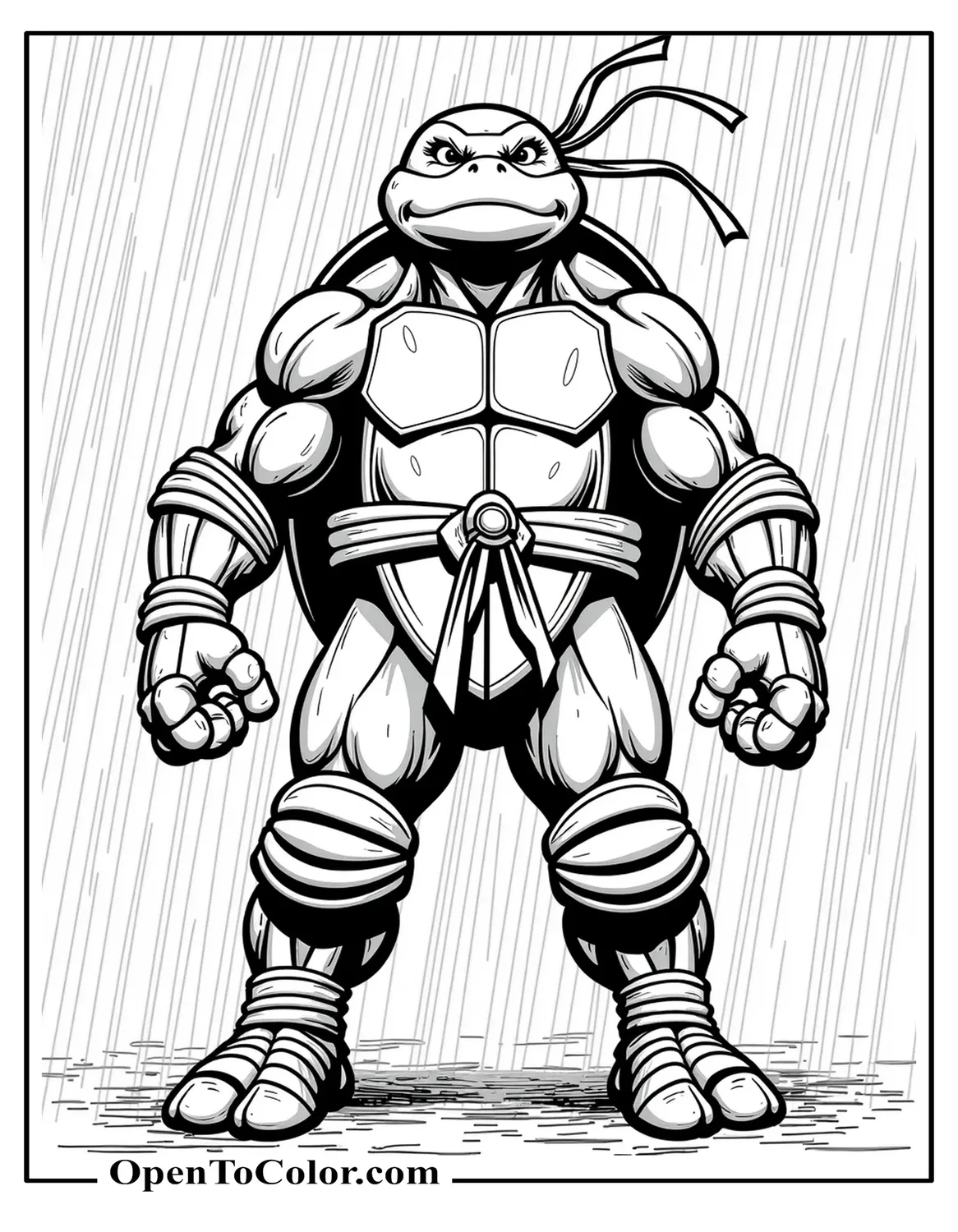 Free Coloring Page of Highly Detailed Ninja Turtle Raphael Standing in Heavy Rain, Armor Texture Emphasized