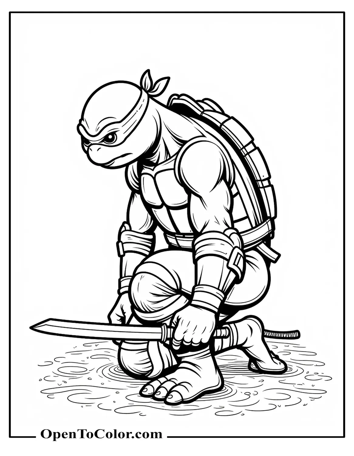 Ninja Turtle Leonardo Kneeling On Ground, Coloring Page PDF, Katana Pointed Downward, Respectful Bow