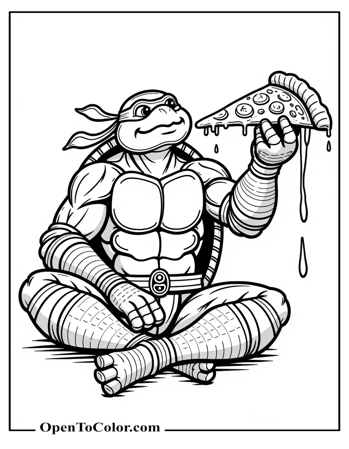 Printable Coloring Sheet of Ninja Turtle Michelangelo Seated Cross-Legged Devouring Huge Pizza Slice, Cheese Stretching