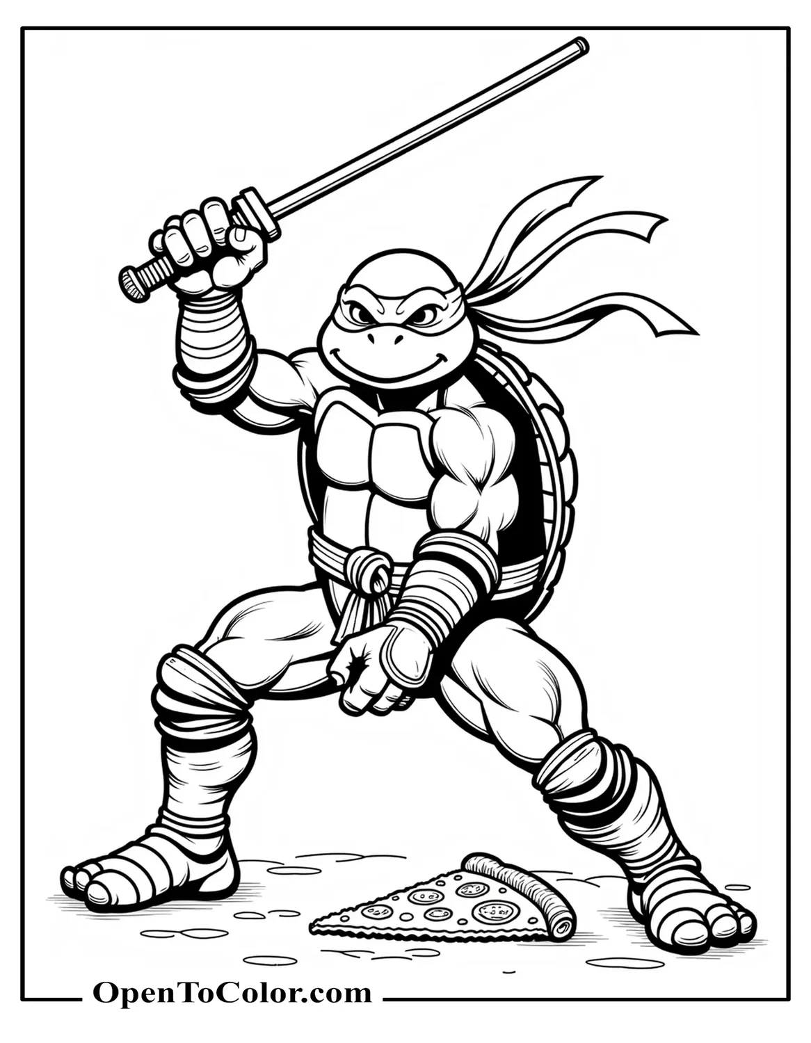 Free Ninja Turtle Michelangelo Coloring Sheet, Swinging Nunchucks Overhead, Dynamic Swoosh Motion, Pizza Slice Nearby