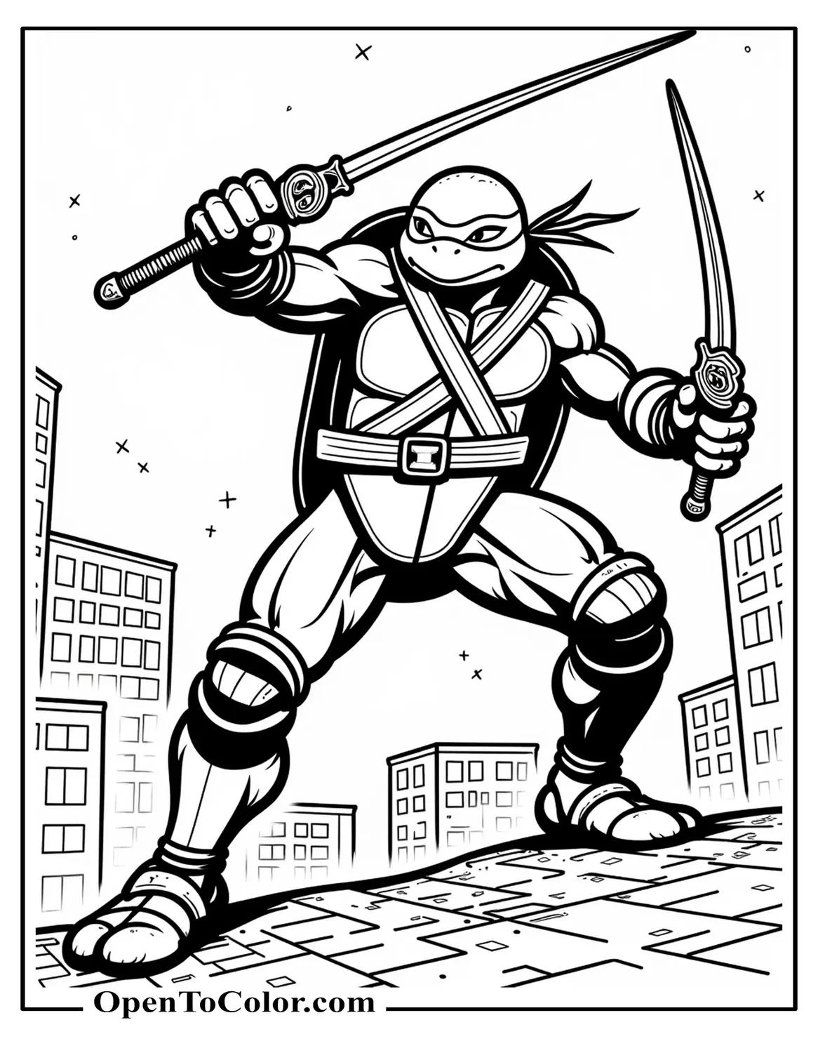 Printable Coloring Page of Ninja Turtle Raphael Slashing Twin Sai in X-Shape, Sparks Flying, Rooftop Nighttime