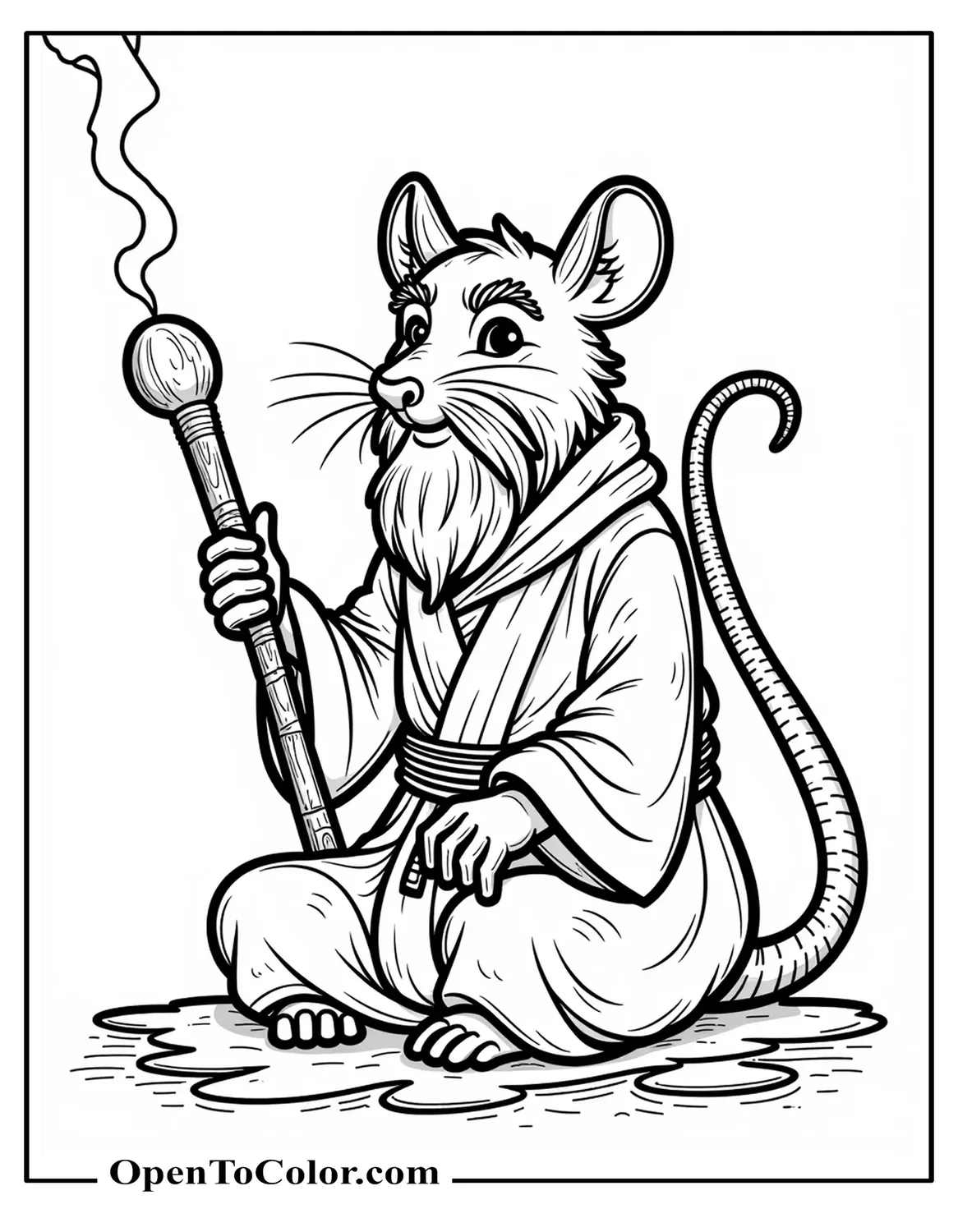 Master Splinter, a wise rat sensei, meditating with wooden staff, incense smoke rising, printable coloring sheet.