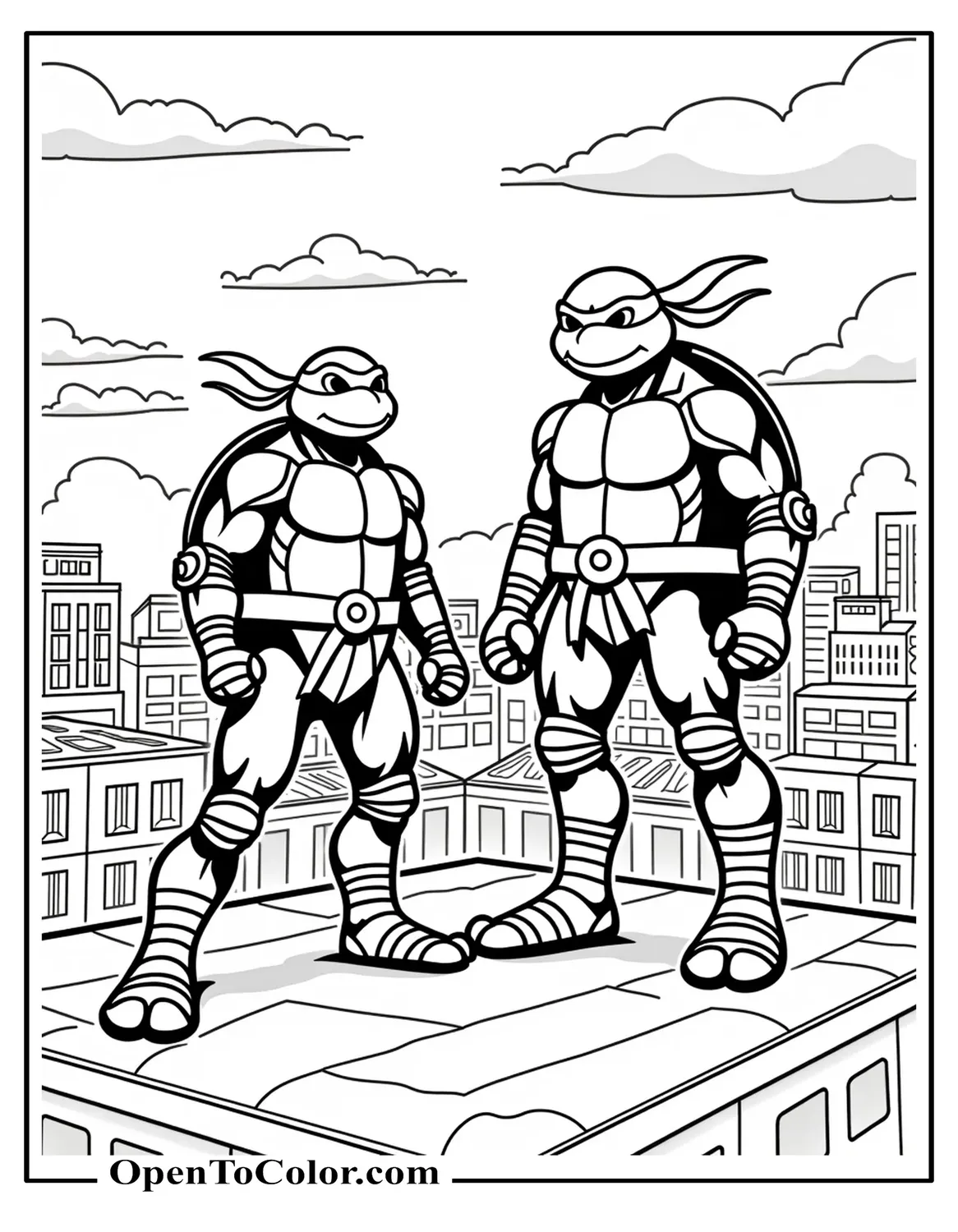 Heroic Ninja Turtle Raphael and Michelangelo perched on a city rooftop at dusk, comic style coloring page PDF.