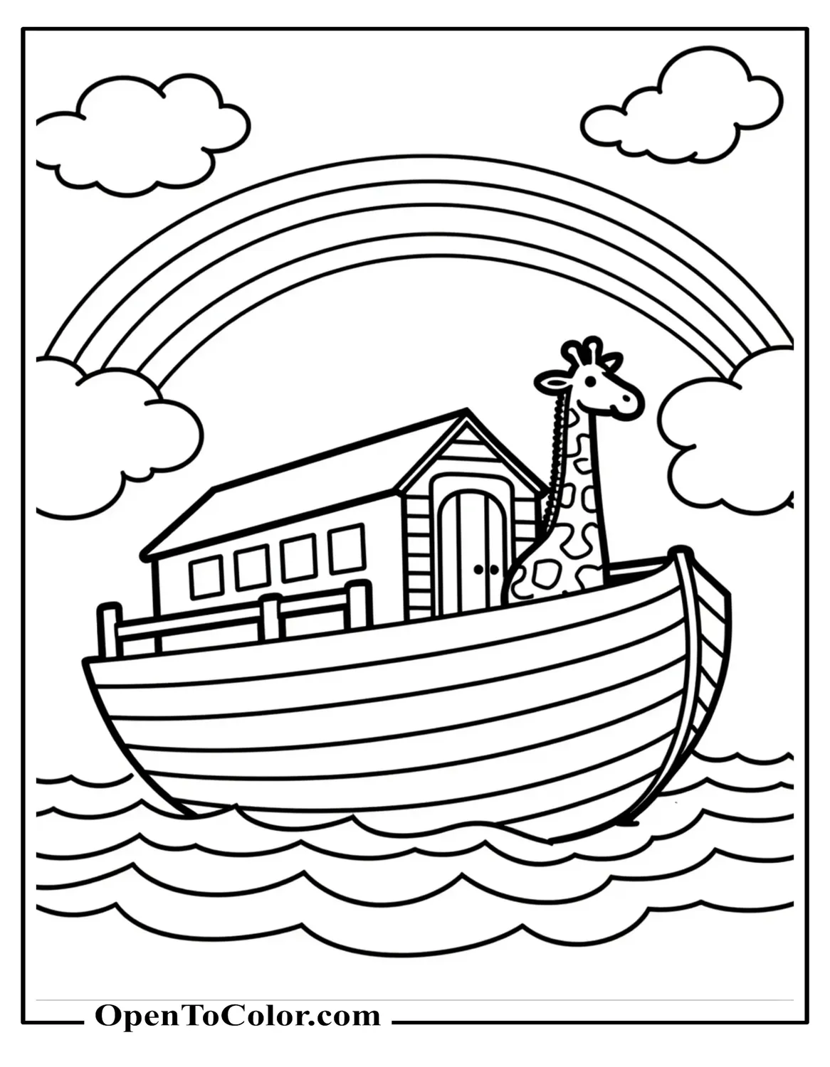 Ark floating on water beneath rainbow, giraffe peeking over railing, coloring page PDF.