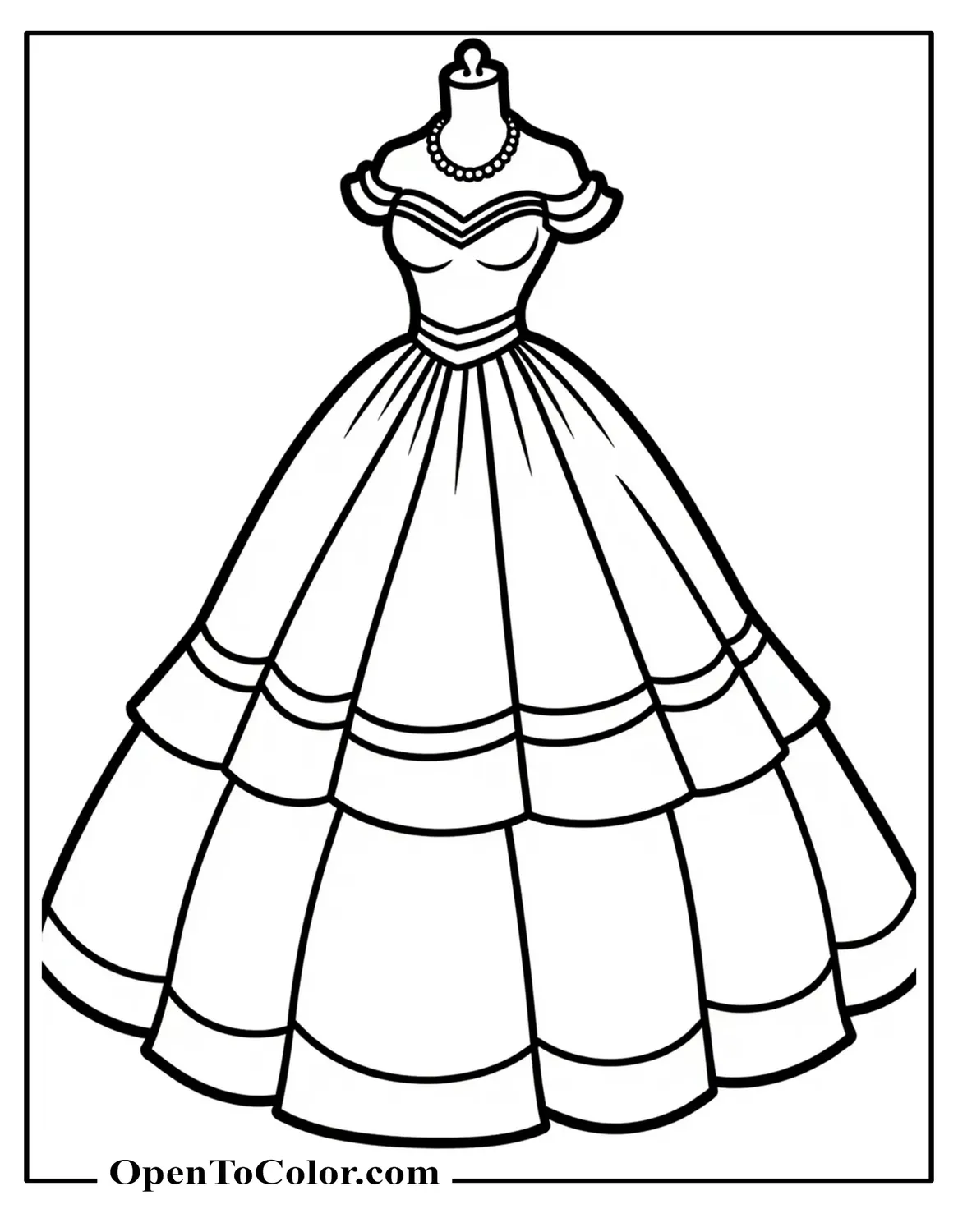 Off‑Shoulder Ball Gown Coloring Sheet PDF with Layered Skirt and Pearl Necklace on Mannequin, Clean Outlines