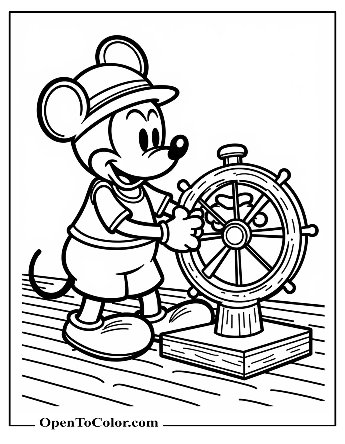 Black-and-white 1920s “Old Mickey Mouse” turning a wooden boat wheel on a paddle-steamer deck coloring sheet PDF