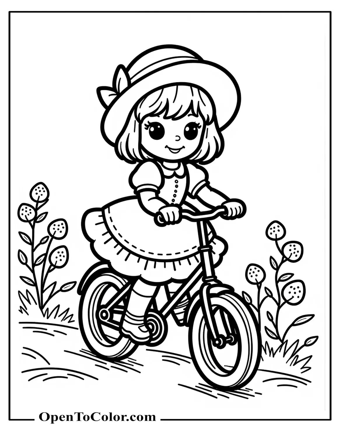Free Vintage 1980s Strawberry Shortcake Coloring Page Riding an Old-Fashioned Bicycle Past Berry Bushes, Retro Line Art
